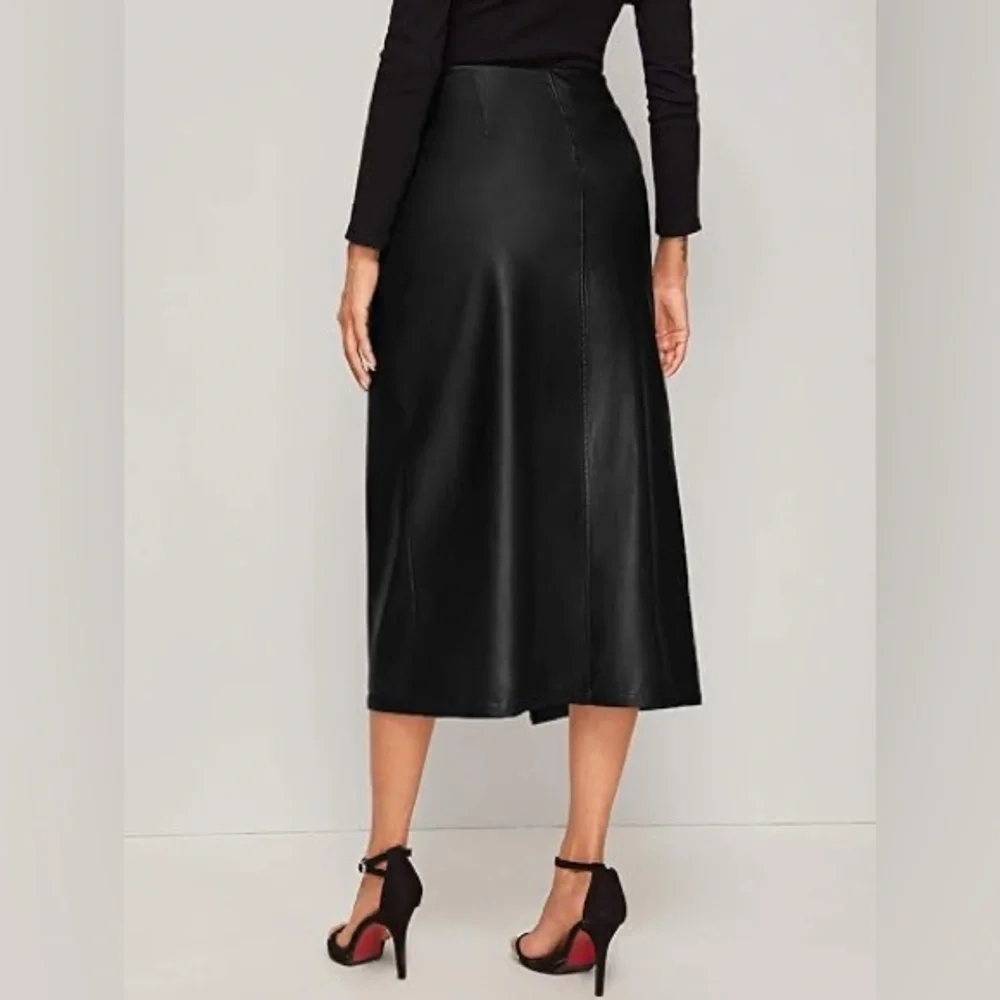 SweatyRocks Elegant High Waist Knot Side Wrap PU Leather Midi Skirt Black